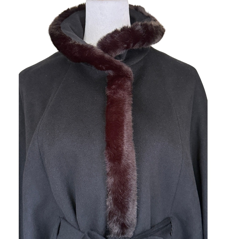 Ellen Tracy Wool Blend Faux Fur Trim Belted Poncho Cape Coat Black M Winter Glam - Picture 5 of 16